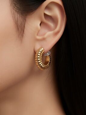 Gold Ribbed Hoop Earrings for Women